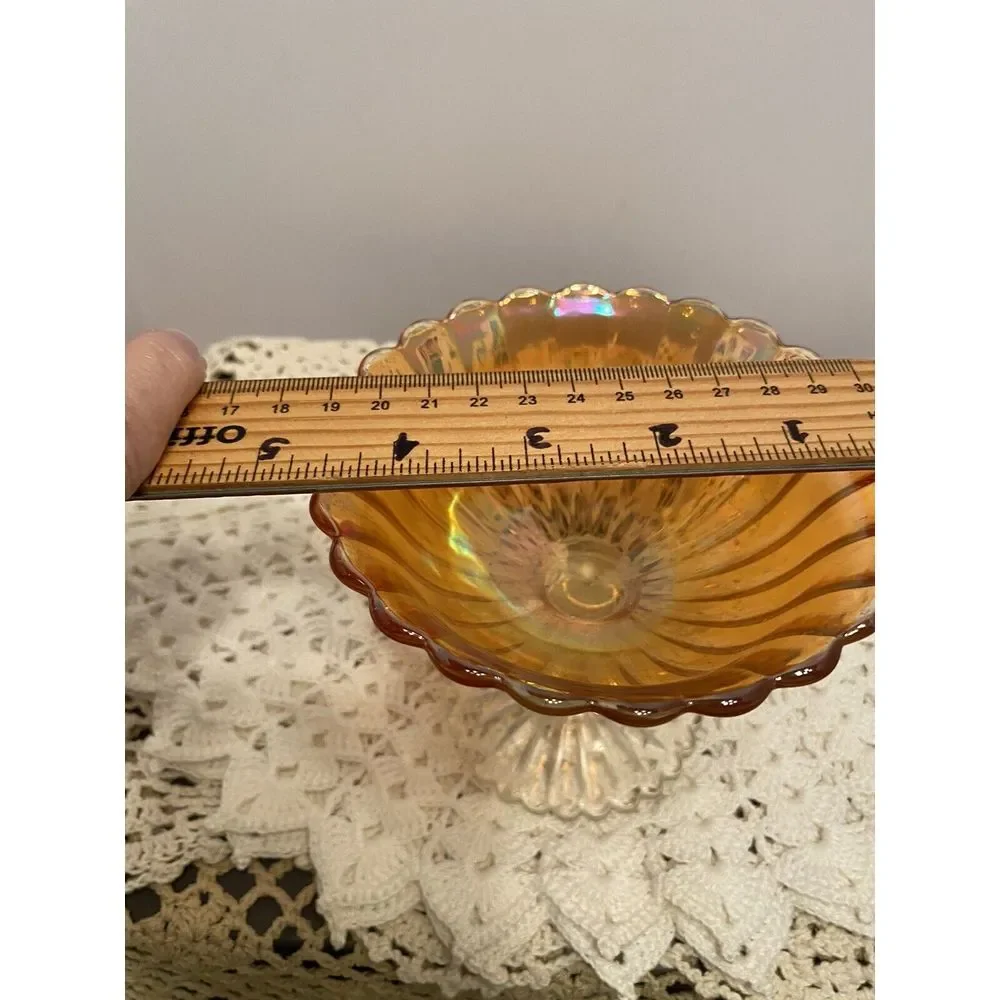Vintage Iridescent‎ Marigold Glass Compote Footed RIBBED Scallop Edge Pattern 4